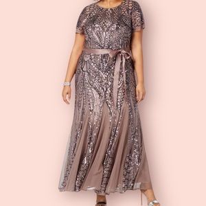 R&M Richards Mocha Godet Hem Sequined Evening Gown 12